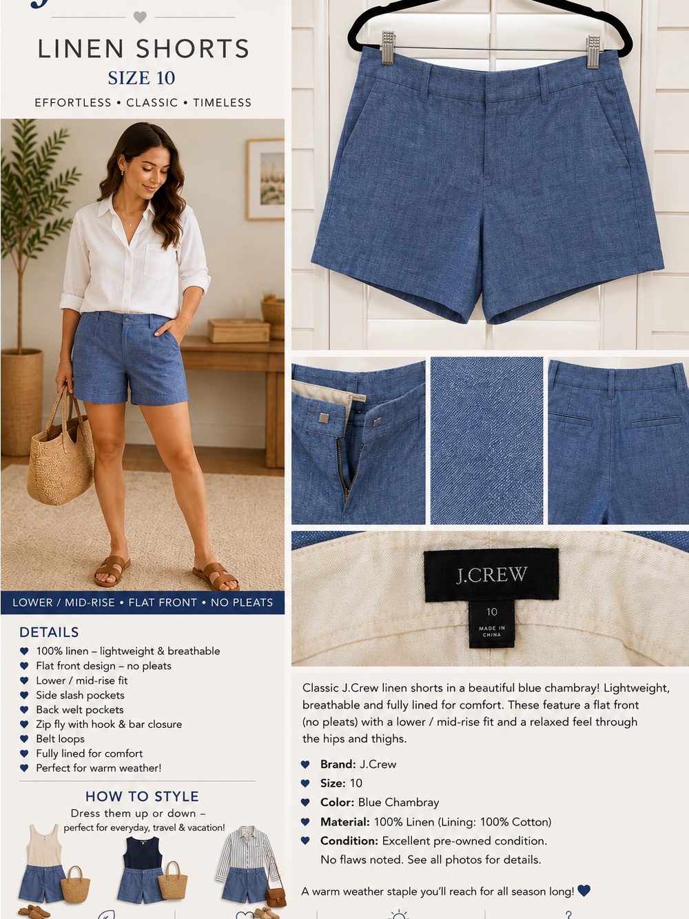 J. Crew Blue Chambray Linen Bermuda Shorts